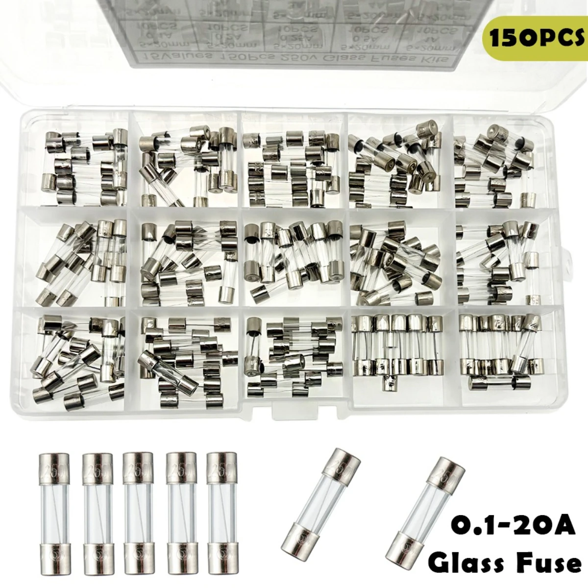 15Kinds 150pcs 5*20 Fast-blow Glass Tube Fuses Car Fuses Assorted Kit 5X20mm with Box 0.1A-20A Household Fuses