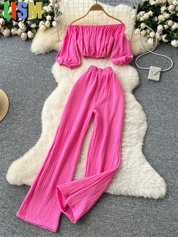 

LISM Summer outfit Streetwear Women Sets Lantern Sleeve Off Shoulder Crop Top+High Waist Wide Legs Pants Fashion Sweet Suits