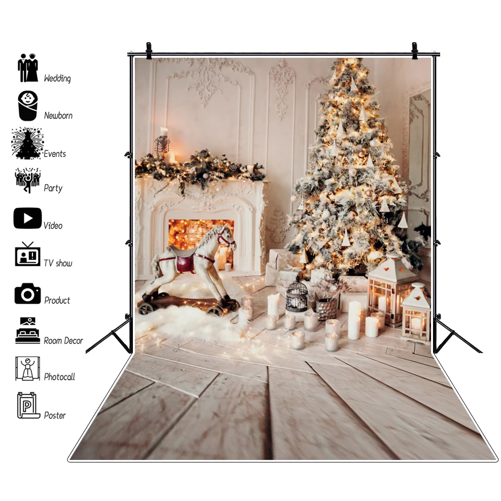 Winter Christmas Backdrop White Palace Wall Xmas Tree Gift Fireplace Window Forest Kids Family Party Photography Background