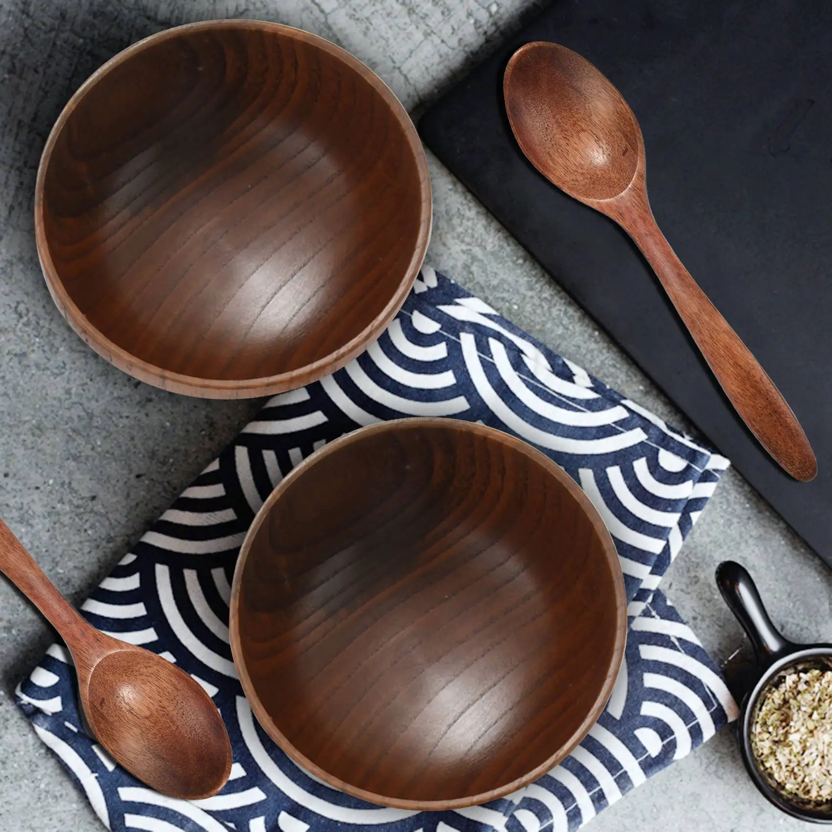 

A04F-8 Pieces Wooden Handmade Bowl And Spoon For For Rice Miso Serving Home Kitchen Tableware