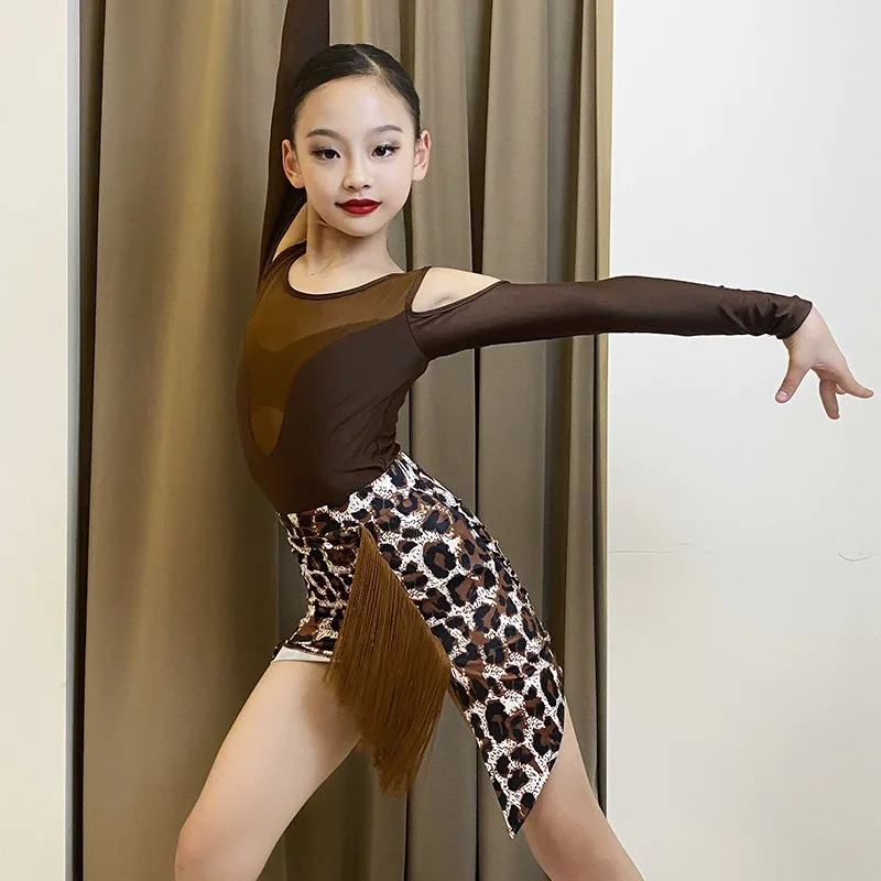 فستان رقص لاتيني مخصص لزي ممارسة الأطفال الراقية للفتيات بأكمام طويلة مجموعة زي الأداء