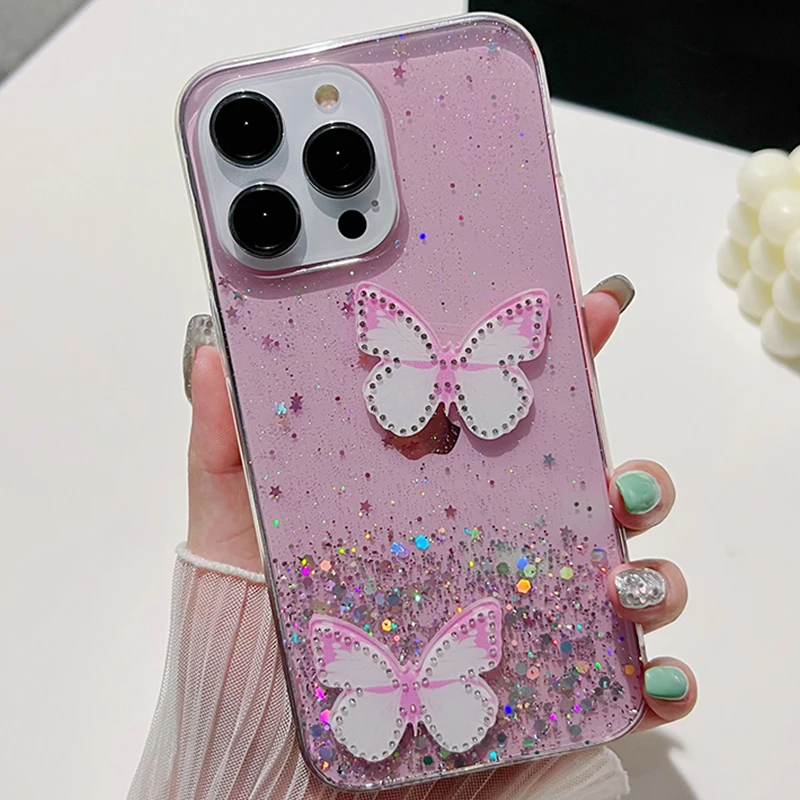 Luxury Glitter Quakeproof Silicone Butterfly Cover Case For iPhone 16 15 ProMax 14 13 Pro 12 MINI 11 X XR XS Max 7 8 Plus