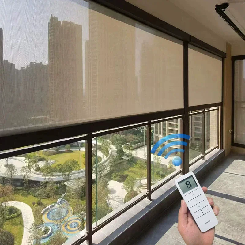 2026 Heavy Duty Motorized Outdoor Roller Blind Zip Track Wind-Proof Feature Modern Design Horizontal Opening Pattern Plastic Mat