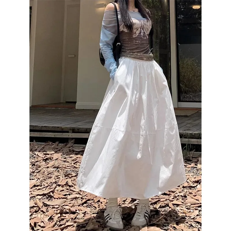 Summer White Midi Skirt Women High Waist Flowy A-Line Skirt With Lining And Pocket