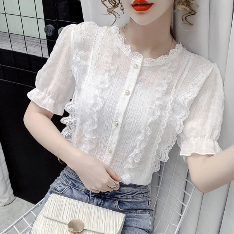 Summer Short Sleeve White Blouse Women Lace V-Neck Blouse Shirt Women Tops Blouses Shirts Ladies Casual White Elegant Tops Q76