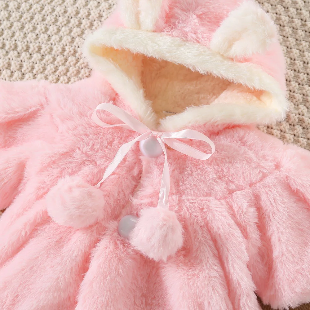 New Winter Girls\' Coat Furry Top Shawl Hairball Bow Solid Color Hooded Bear Ears Winter Girls Sweet Warm Fleece Coat