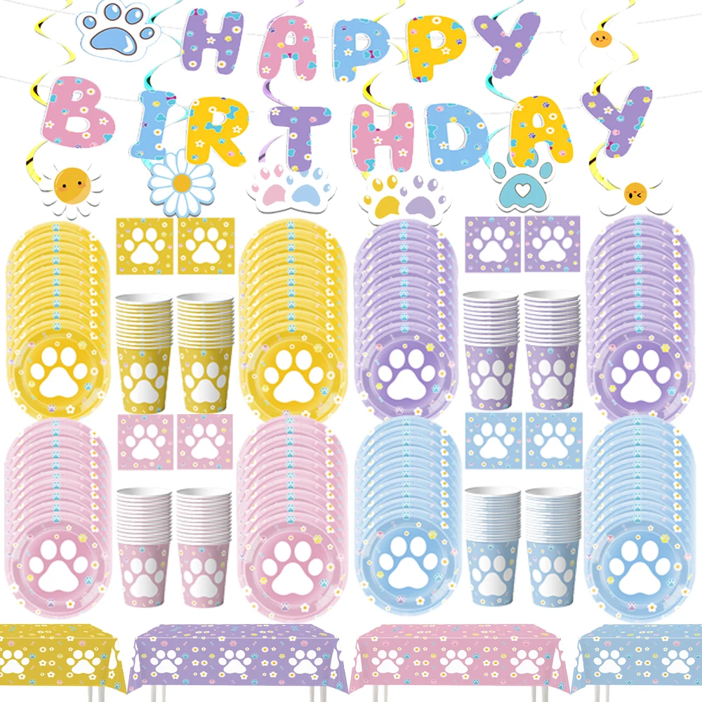 Fournitures de fête d'anniversaire pour chien, assiettes en papier patte rose et bleue, serviettes, tasses, thème de chiot mignon, décor de Table pour fête prénatale pour enfants