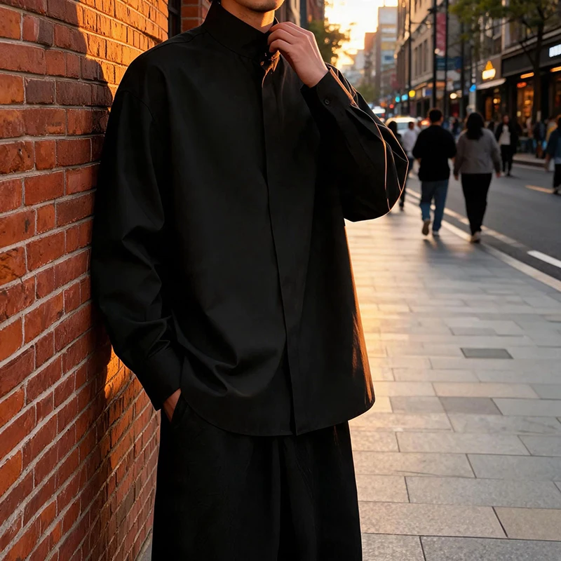 Spring Autumn Stand Collar Shirts Mens Stylish Solid Color Breathable Button Cardigan New Men Long Sleeve Loose Black Shirt