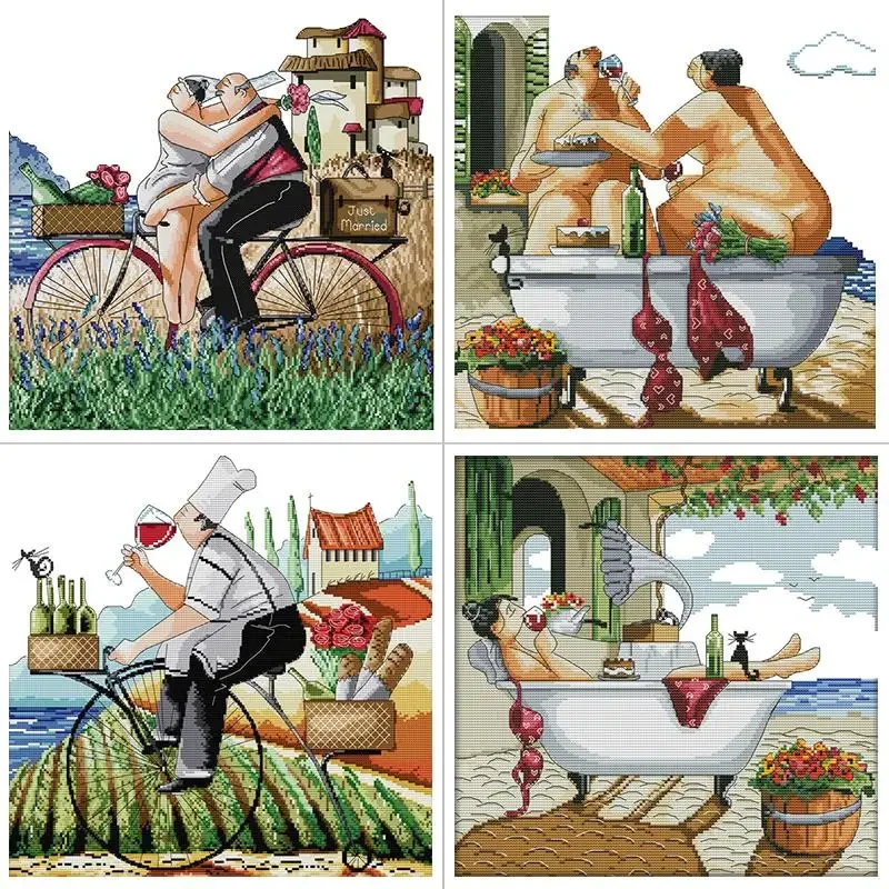 Enjoy Life Series Character Pattern Cross Stitch Kit Aida 14ct 16ct 11ct White Canvas Printed Fabrics DIY Hand Embroidery Kits