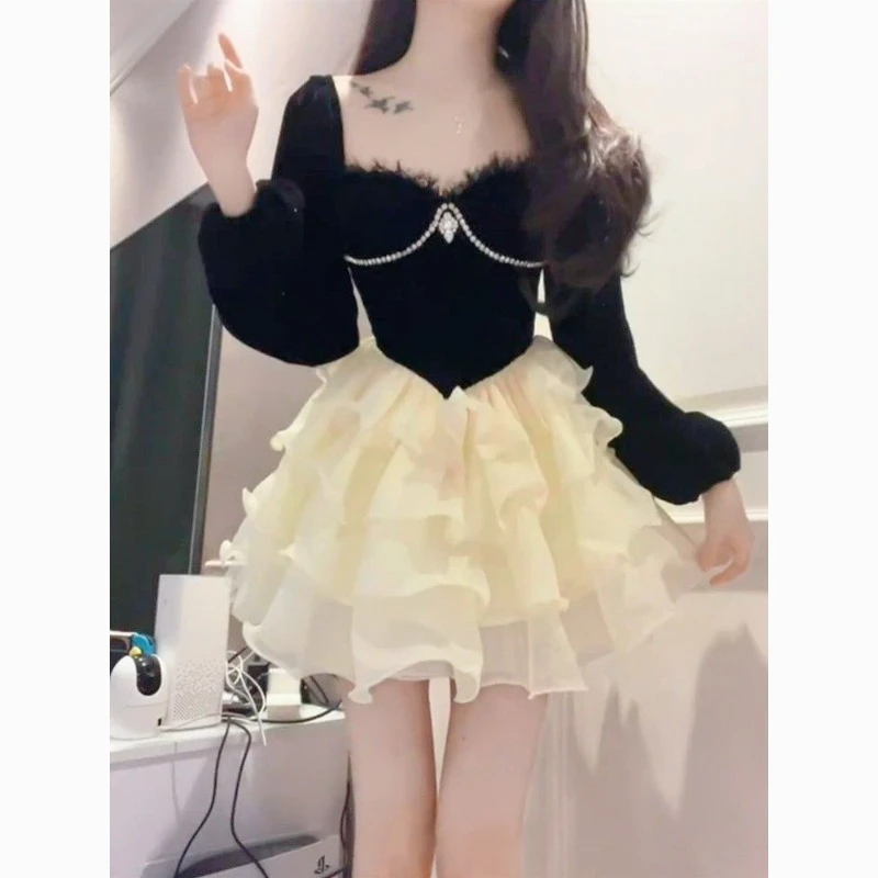 

Французская мода знаменитостей в иностранном стиле, милое платье принцессы контрастного цвета, бархатная юбка с рюшами на талии, сексуальный Тедди