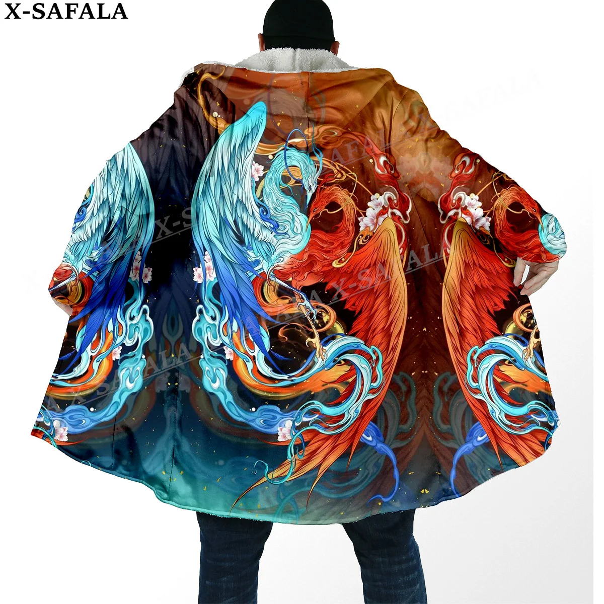 Mythical Phoenix Myth Fire Phoenix Print Thick Warm Hooded Cloak Men Overcoat Coat Windproof Fleece Cape Robe Hooded Blanket-2