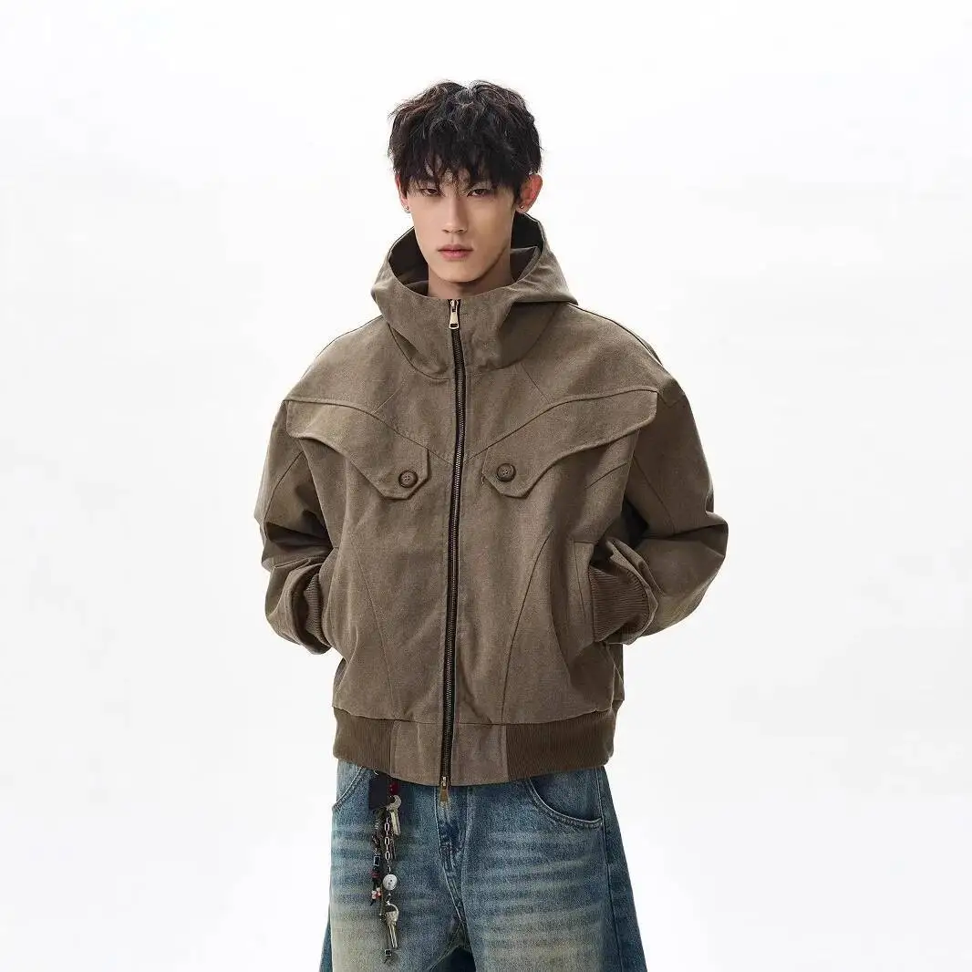 

Man Women Jacket Unisex Hooded Jacket Eagle Fur Collar Short Workwear Cargo Coat Outerwear With Trendy Retro Vibe
