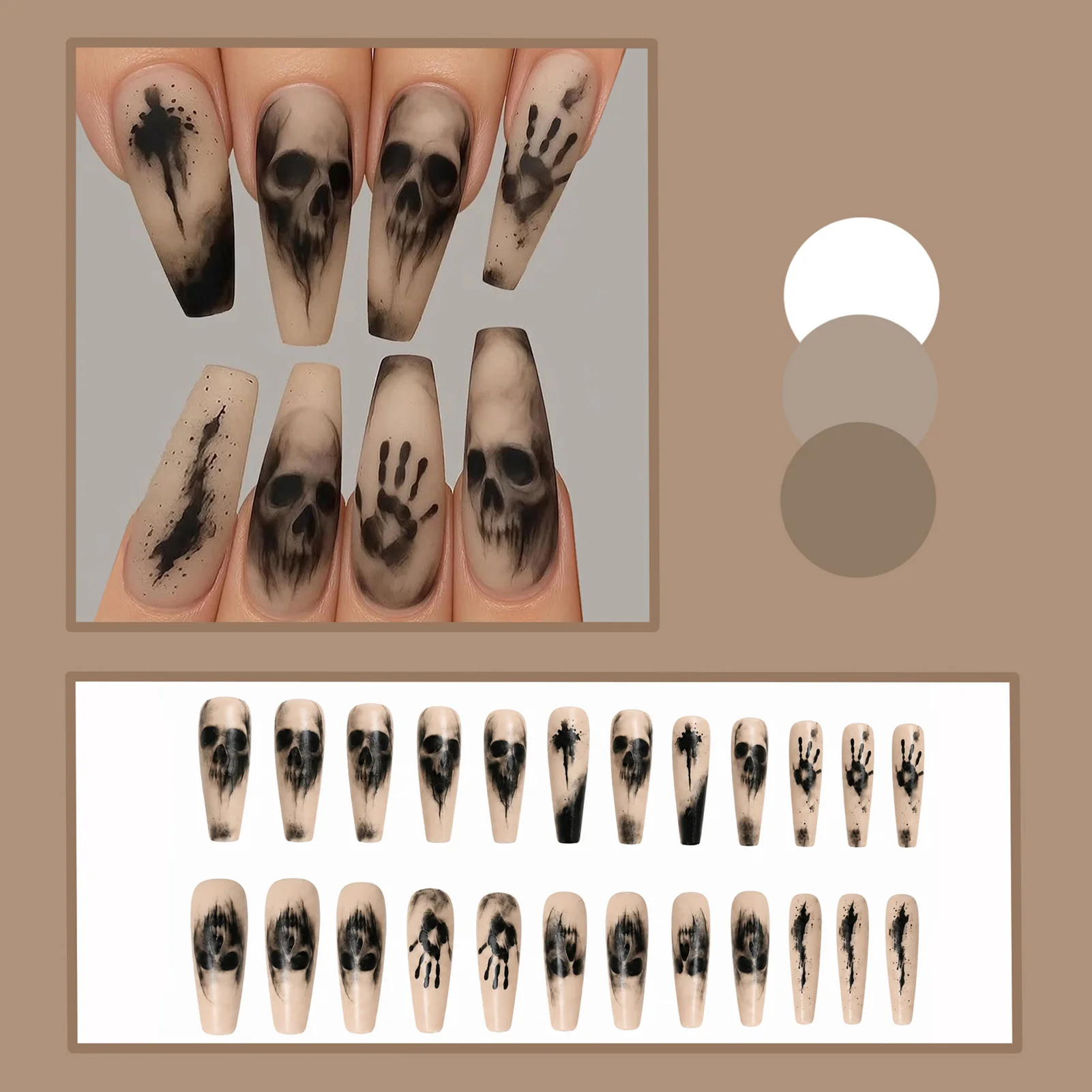 24pcs Women Girls False Nail Tips Ink Colored Skeleton Residue Palm Prined Press On Nails Halloween Frosted Long Fake Nail