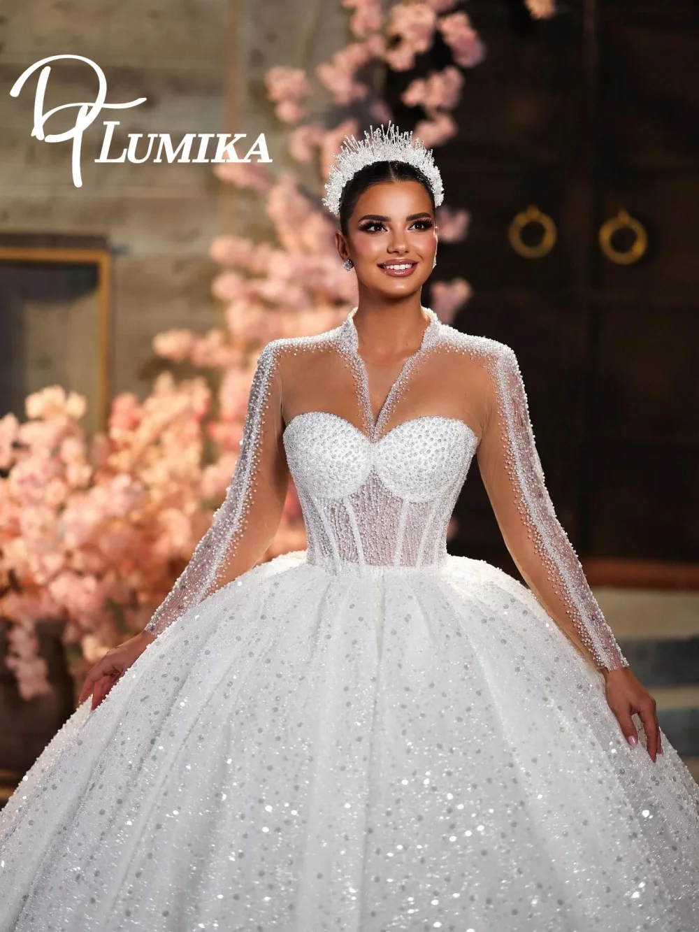 

Sexy Sheer V Bridal Dress 2026 Opulent Long Sleeve Beaded Wedding Dress Sparkling Sequin Sheer Bridal Gown Vestidos De Novia