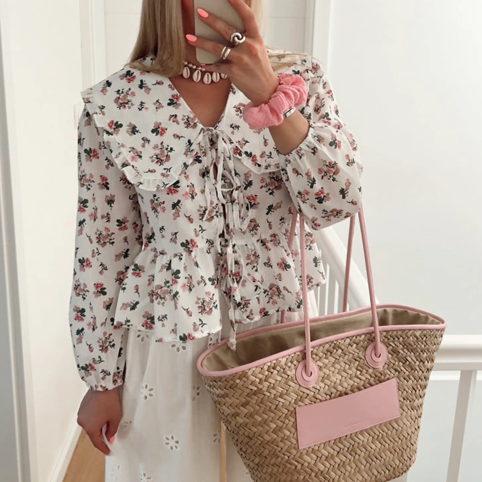 Floral Print Babydoll Tops for Women Casual Loose Doll Collar Open Front Tie-Up Ruffled Hem Long Sleeve Blouse for Fall