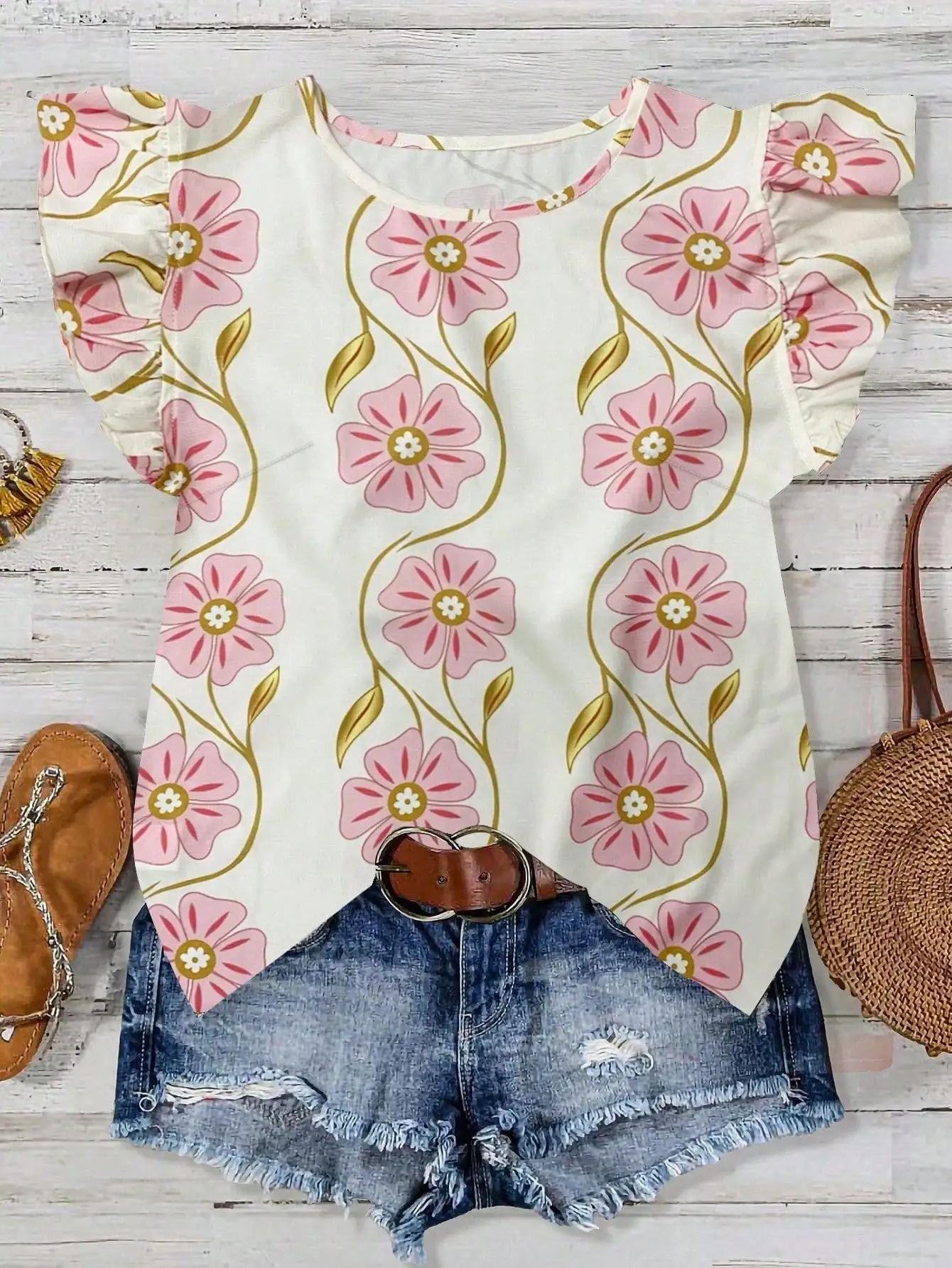 

Женская блузка свободного кроя с цветочным принтом, короткими рукавами и рюшами, повседневный топ для весны и лета