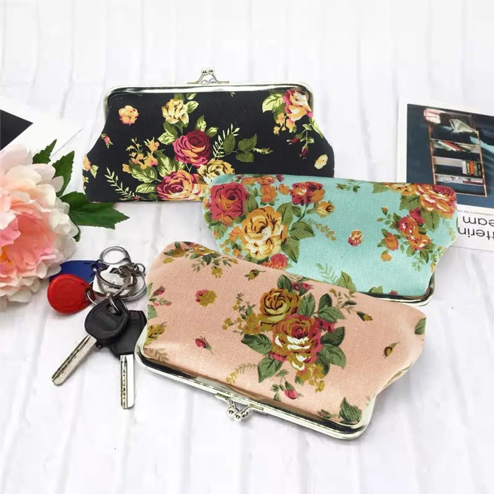 Retro Canvas Coin Purse Rose Floral Print Long Clutch Wallet Metal Hasp Makeup Bag for Women