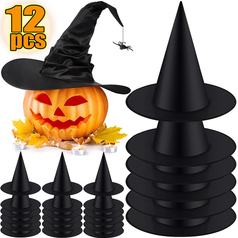 

1-12pcs Halloween Witch Hat Kids Adults Halloween Party Cosplay Costume Props Decoration Black Wizard Cap Yard Hanging Witch Hat