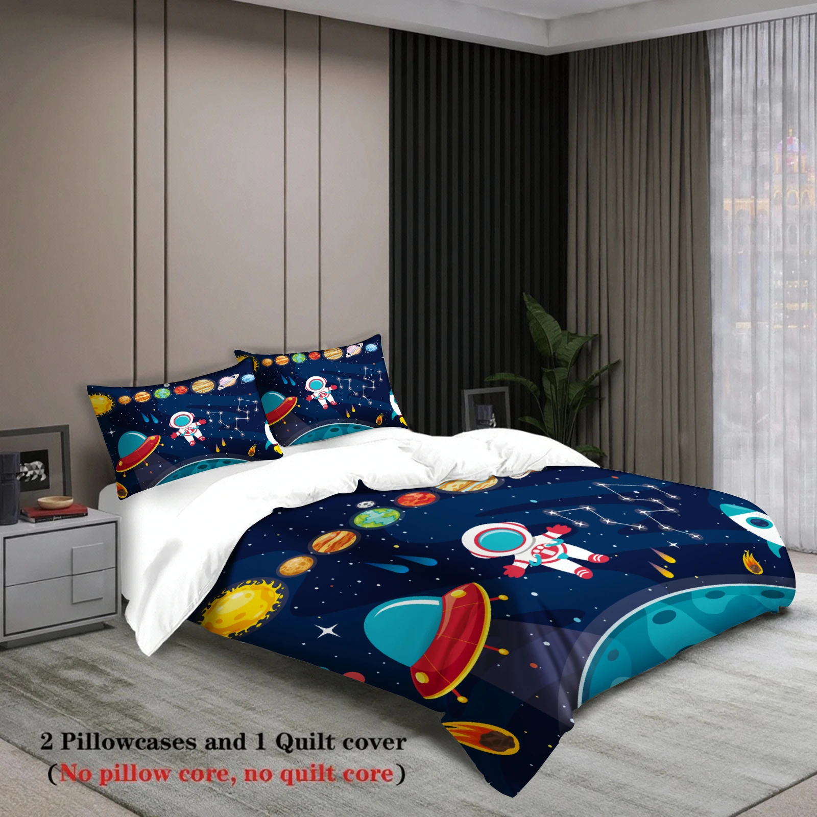 Space Astronaut Planets Duvet Cover Set 2 Pillowcases Navy Blue Kids Bedroom Decor Gift For Boys/Girls Twin Queen King Size