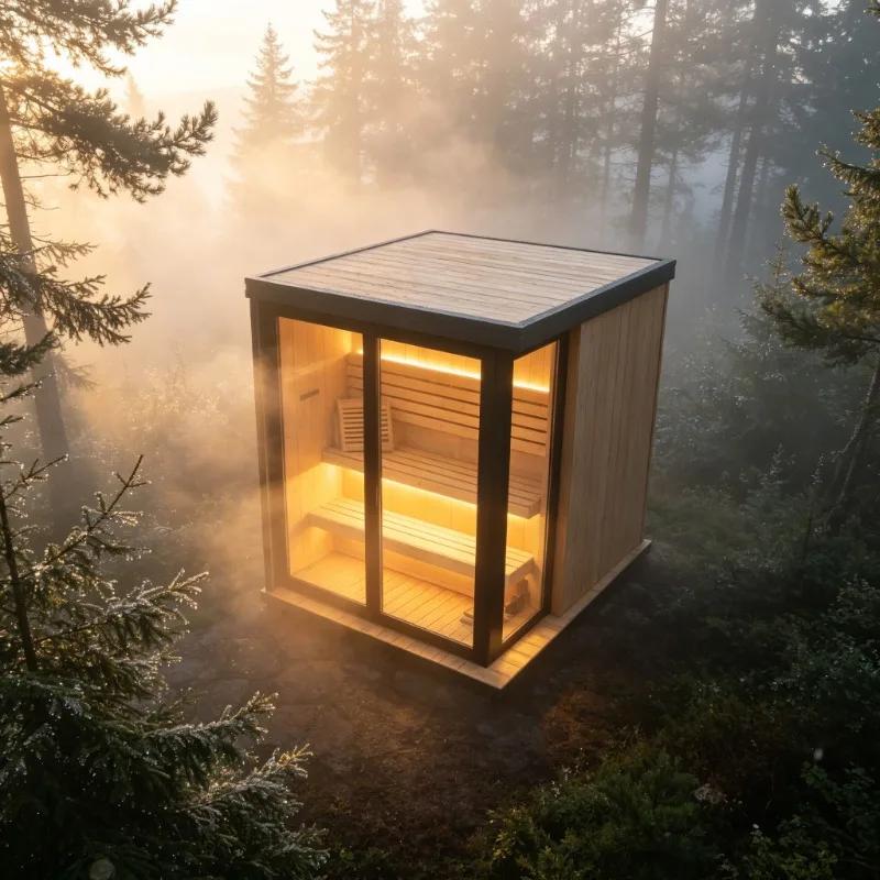 Custom Recessed Lit Hemlock Wood Sauna, Full Glass Front Door with Charcoal Trim for Nighttime Wellness Relaxation