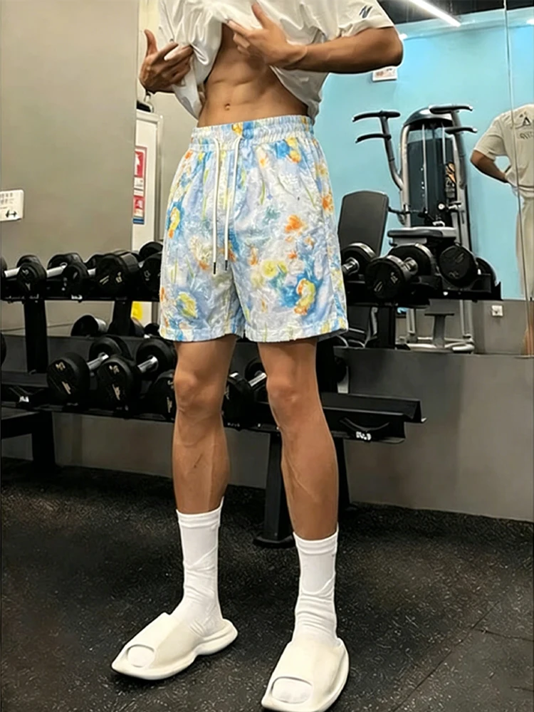 

Hawaii Floral Tassel Ice Silk Men's Shorts Summer Basketball Beach Casual Sport Five-Quarter Length Knitted Elastic Waist