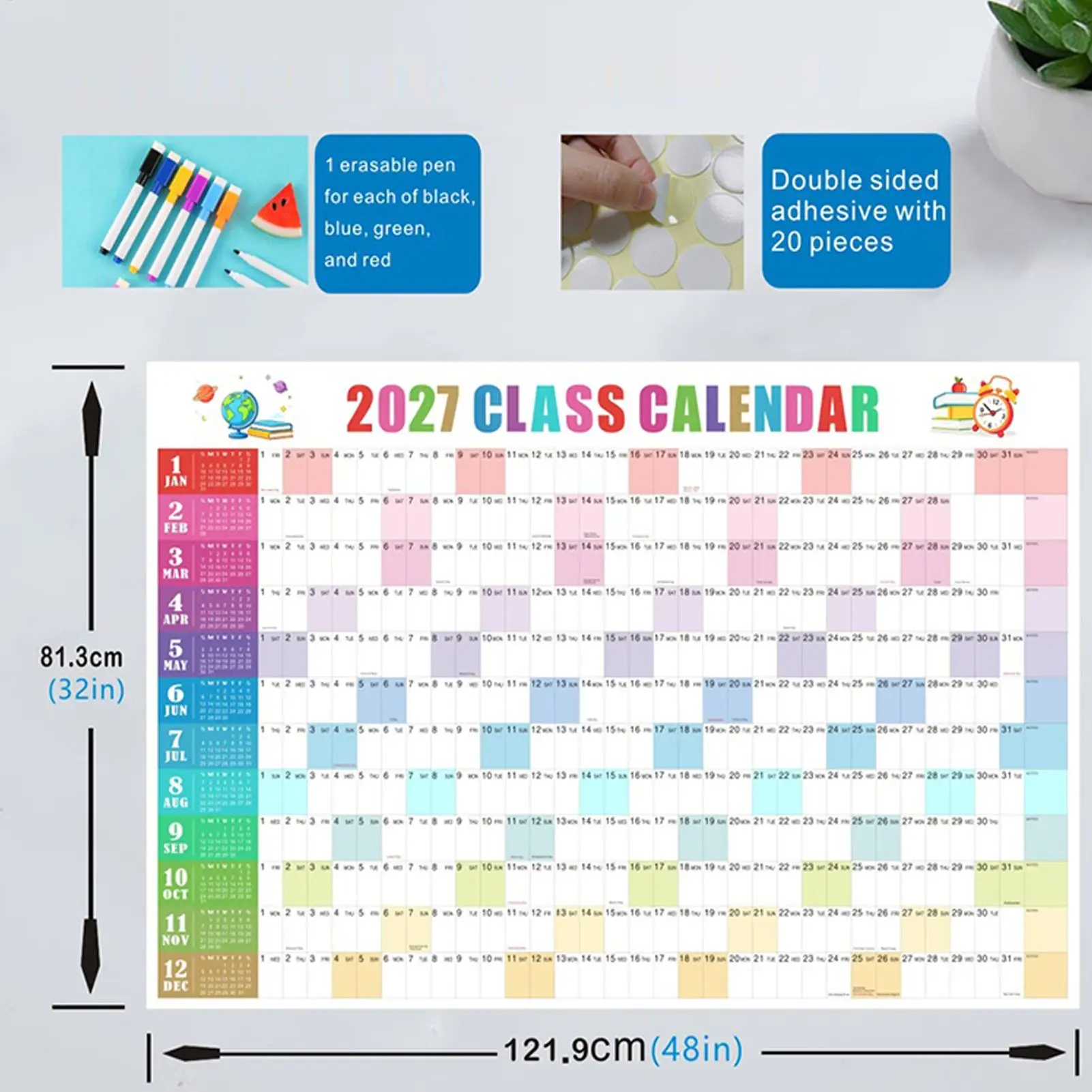 2027 Wall Calendars Laminated 12 Month Reversible Erasable Planner 12 Month Erasable Annual Yearly Wall Planner for Home Office