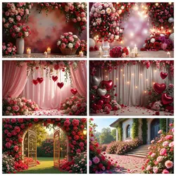 MOON.QG February 14 Valentine's Day Photography Backdrop Draping Fabric Red Rose Arch Curtain Teddy Bear Photo Studio Background