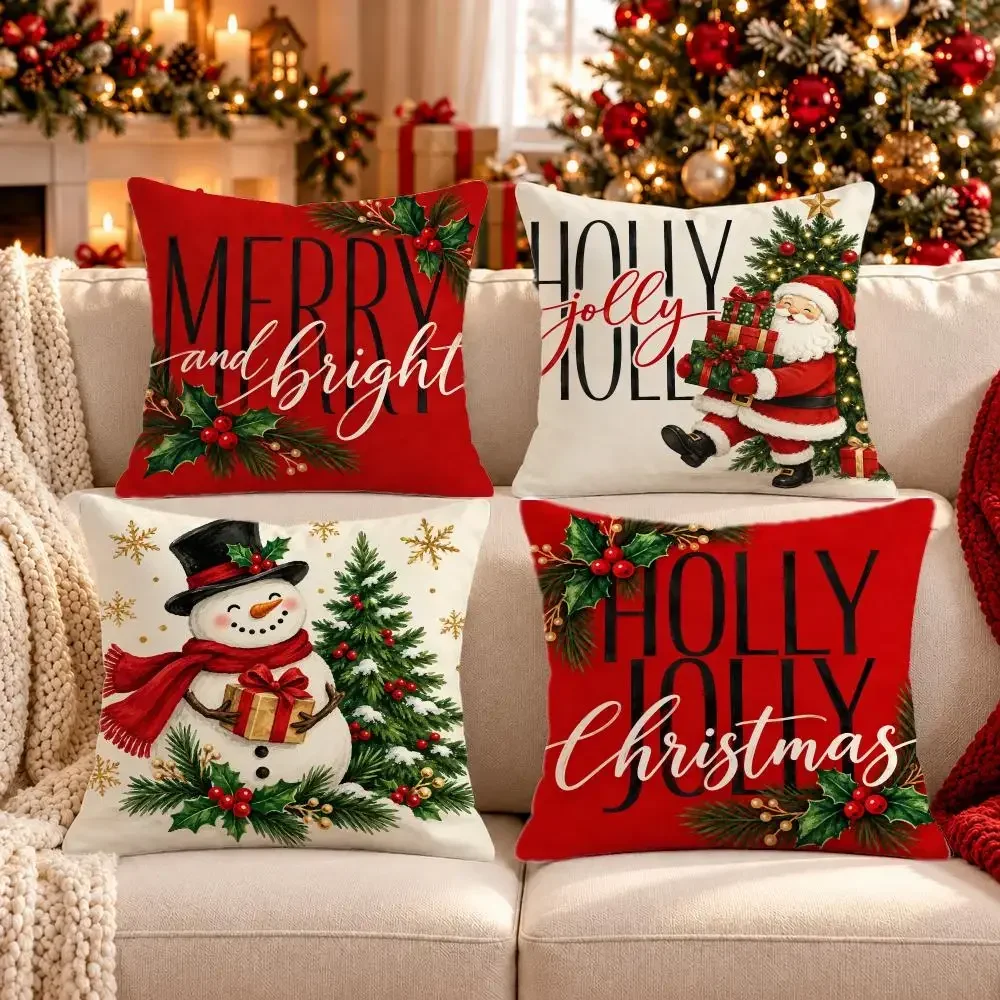 Jolly Holly Cheer Cushion Cover 1/4PCS Short Plush Pillow Cover Set Soft Decorative Cushion Case for Sofa Bed Home Decor