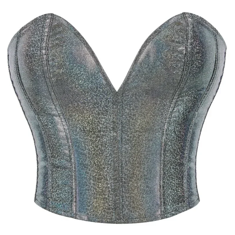 

Women Shiny Silver Corset Bustier Crop Tops Sexy Slimming Waist Strapless Lace-Up Overbust Body Shaper Lingerie Camisole