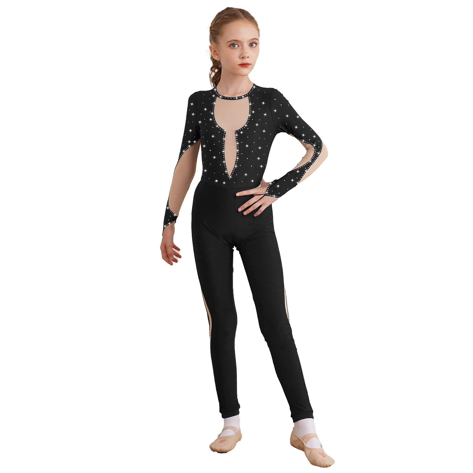 Kids Girls Shiny Gymnastics Unitard Teens Bodysuit Long Sleeve Ballet Dance Leotard Catsuit Children Patchwork Skating Jumpsuit