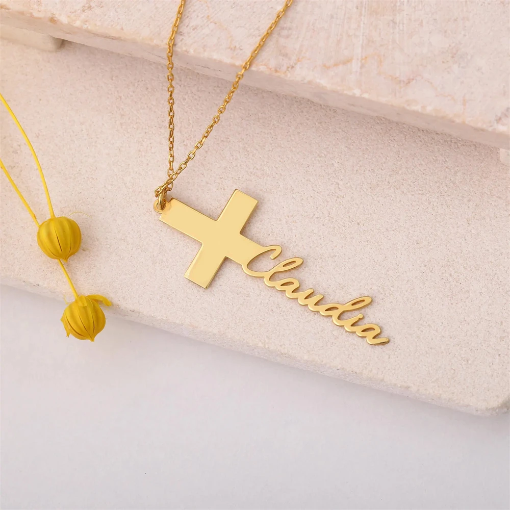 

Custom Personalized Cross Name Necklace Religious Jewelry Stainless Steel Nameplate Pendant Handmade Christian Gift