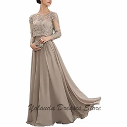 Elegant Long Sleeves Scoop Neck Mother of The Bride Dresses Floor Length Chiffon Formal Evening Gown Zipper Back Draped Pleated