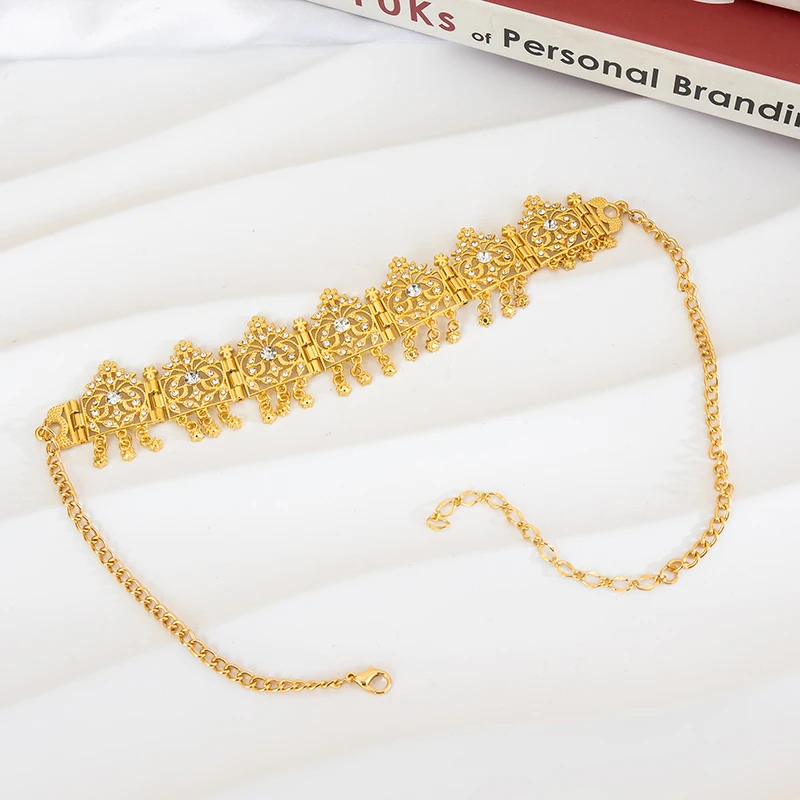 

Luxury Moroccan Vintage Rhinestone Hair Chain Wedding Caftan Hair Jewelry Hollow Pattern Coin for Women Metallic Gold Color