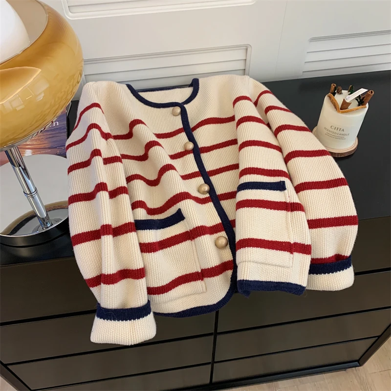 

Pink Women O-Neck Knitted Jacket 2024 Autumn Winter Striped Sweater Cardigan Vintage Contrast Color Knitwear Soft Cashmere Coat