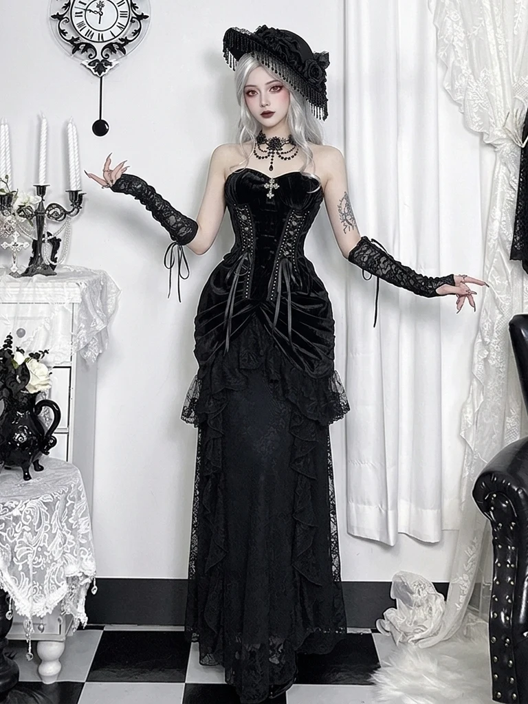 Gothic Style Victoria Halloween Two-Piece Set Women's High-Waisted Skirt And Strapless Top Breathable Lightweight Polyester