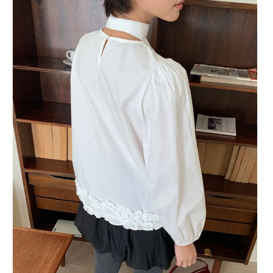 ملابس مكتب نسائية كورية أنيقة irt Sweet Gentle Age-Defng طويلة Sve مع حزام كشكش من الخشب