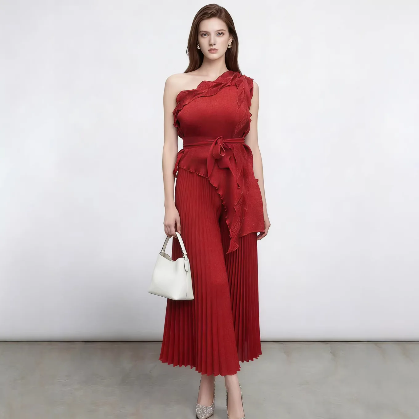 

Комплект для внешней торговли Miyake: топ без рукавов с рюшами и шнуровкой, открытыми плечами и свободные плиссированные брюки А-силуэта для женщин