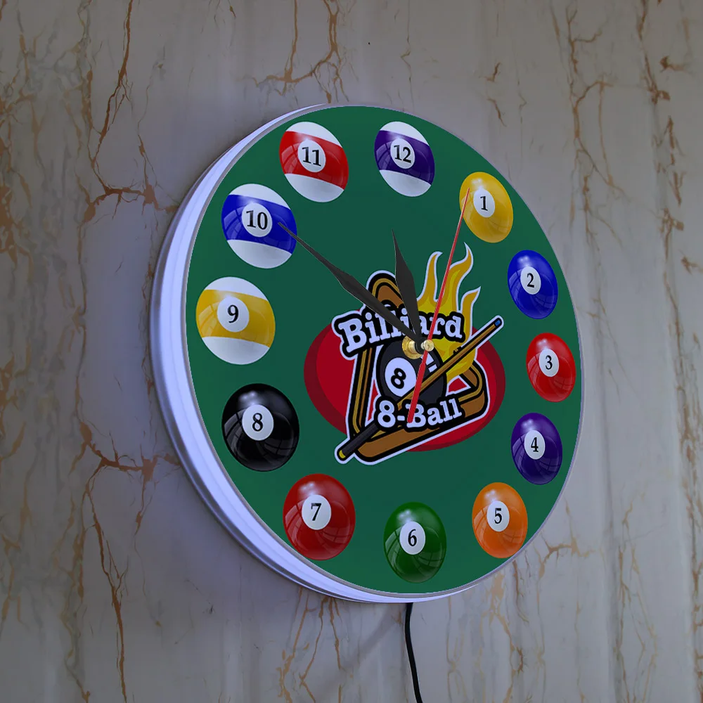Billiards LED Night Light Wall Clock For Pool Hall Game Room Pool Snooker Modern Design Luminous Wall Watch Billiard Player Gift