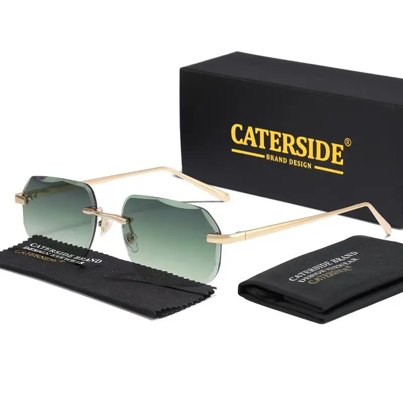 CATERSIDE Vintage Rahmenlose Herren-Sonnenbrille mit Designgläsern und Metallbügeln, Damen-Sonnenbrille für Party und Reisen – Detail 22
