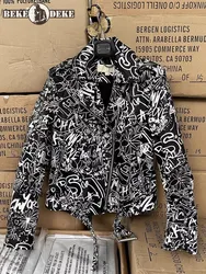 Giacca in vera pelle da donna con Design stampato Graffiti High Street Punk primavera autunno Zip moto cappotto corto giacche in pelle di pecora