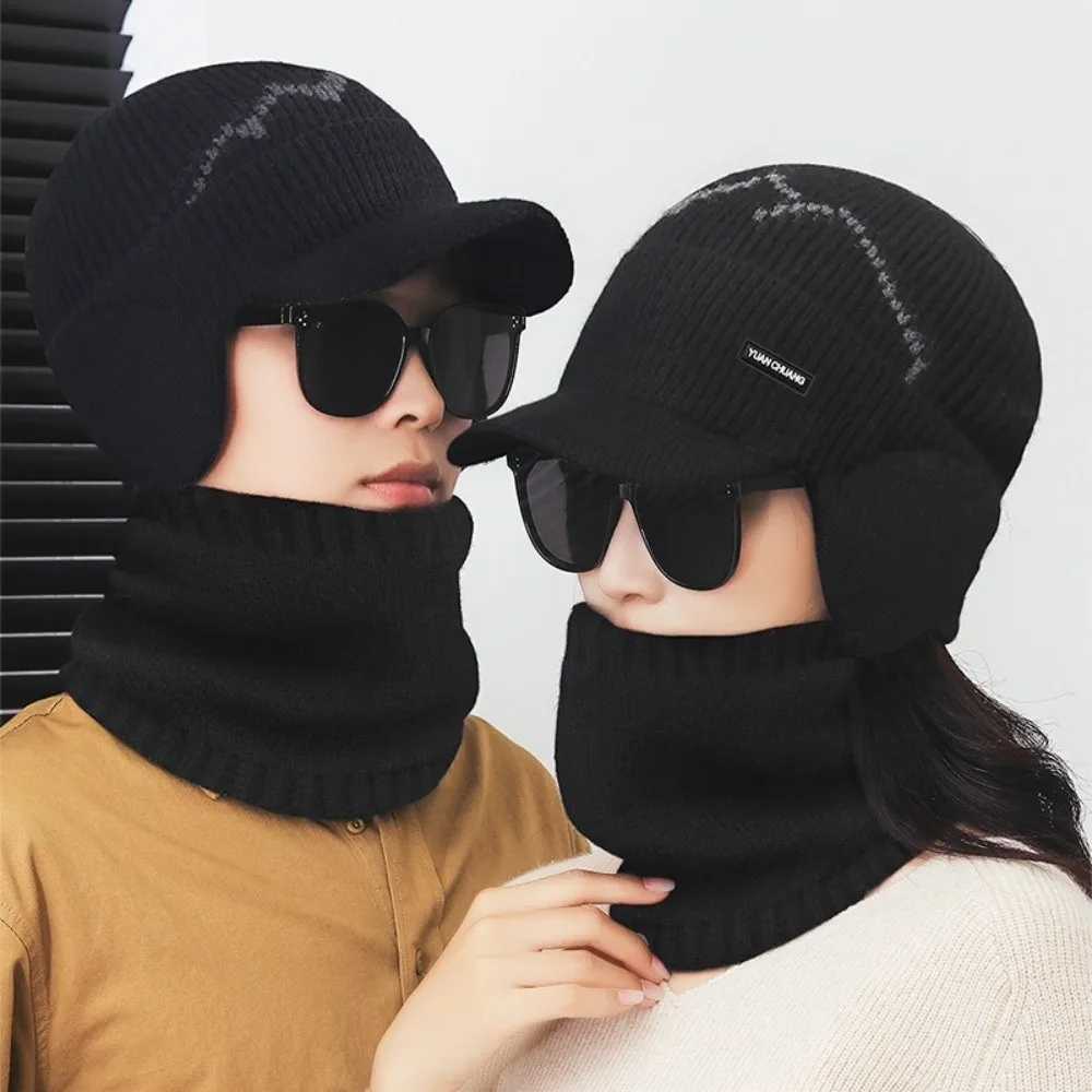 2Pcs Set Windproof Knitted Hat Neck Gaiter Thicken Soft Sheep Wool Scarf Plush Simple Winter Autumn Hat with Earflap Couple