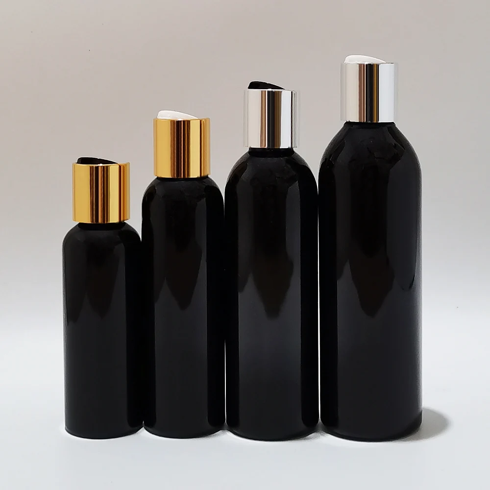 1pcs 100ml 150ml 200ml 250ml Black Plastic Empty Refillable Bottle Cosmetic Packaging Gold Disc Cap Bottle Shampoo Container