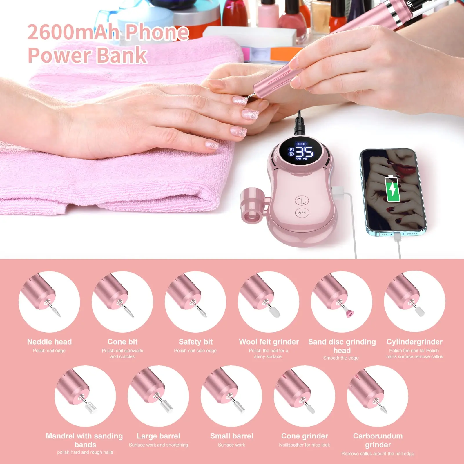 Electric Nail Drill, 35000RPM Portable Nail Drill, Professional Rechargeable Nail E-File, for Acrylic Nails Gel Polishing