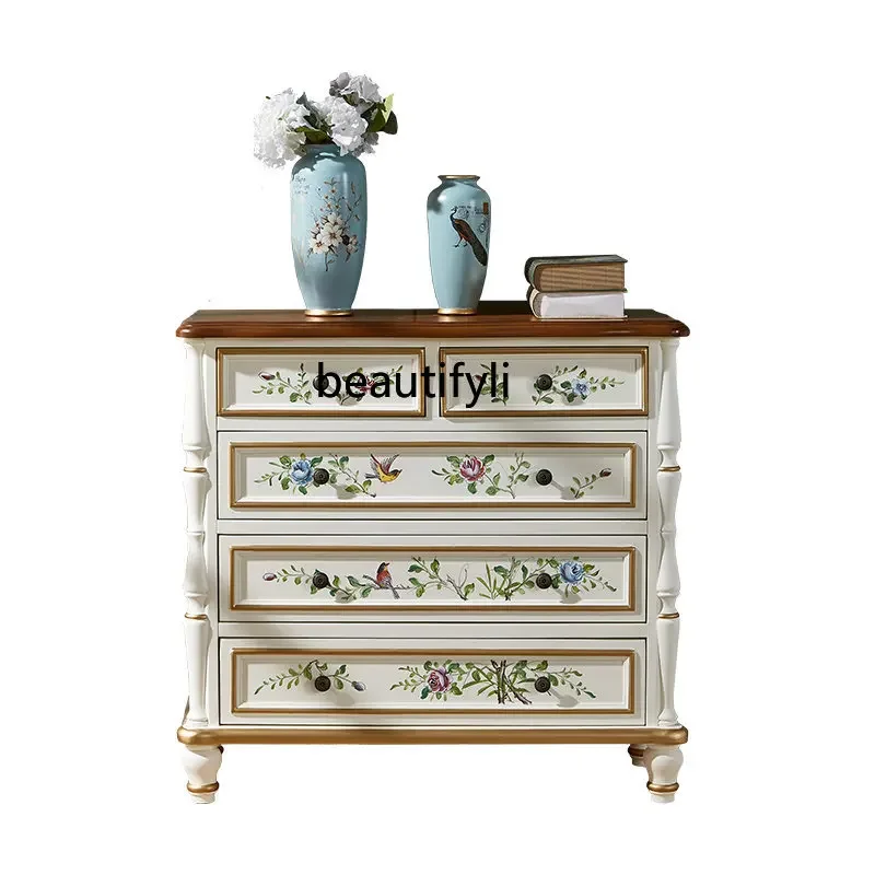 zq Furniture American-Style Chest of Drawers Bedroom Vintage Painted Locker Storage Cabinet Solid Wood Chest of Drawers