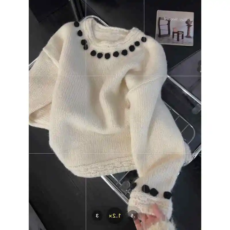 Women's White O-Neck Pullover Sweater Harajuku 90s Vintage Y2k Korean Long Sleeves Knitted Sweaters 2000s Fashion Clothes Autumn