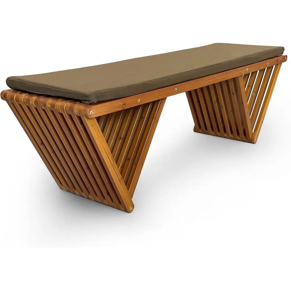 

Weather-Resistant 3-Seater Wooden Bench with Cushion, Solid Teak Tone, for Patio, Porch, or Garden