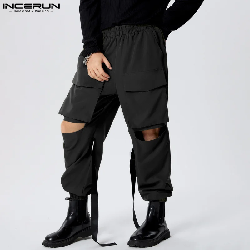 INCERUN Mens Cargo Pants Solid Color Elastic Waist Loose Hollow Out Casual Trousers Men Streetwear 2024 Pockets Fashion Pants