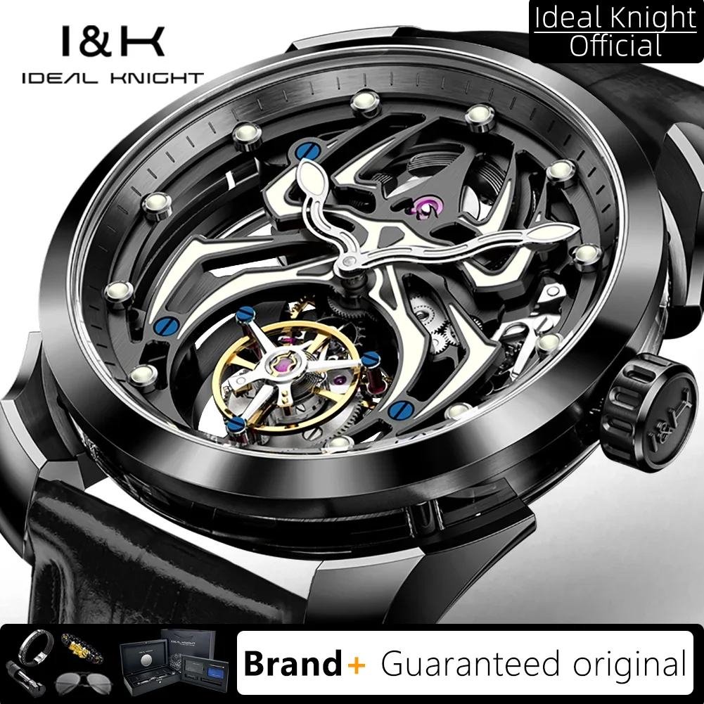 理想的な騎士リアルトゥールビヨンメンズ腕時計透明中空発光スパイダーパターン高級機械式腕時計6802