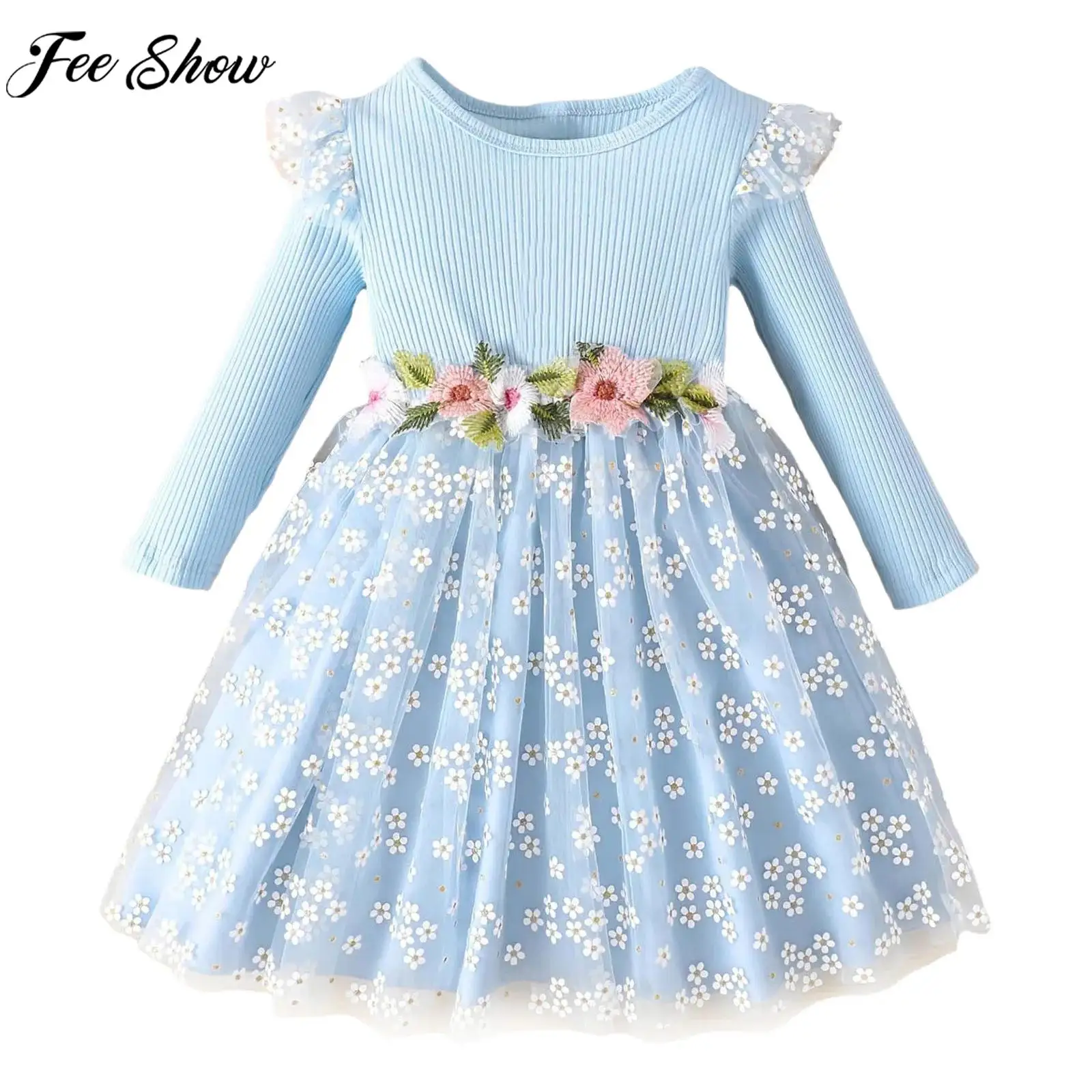 

Платье для рождественской вечеринки для маленьких девочек, костюм для дня рождения, свадьбы, фестиваля, с длинными рукавами, аппликацией, тюлевое бальное платье с цветочным принтом