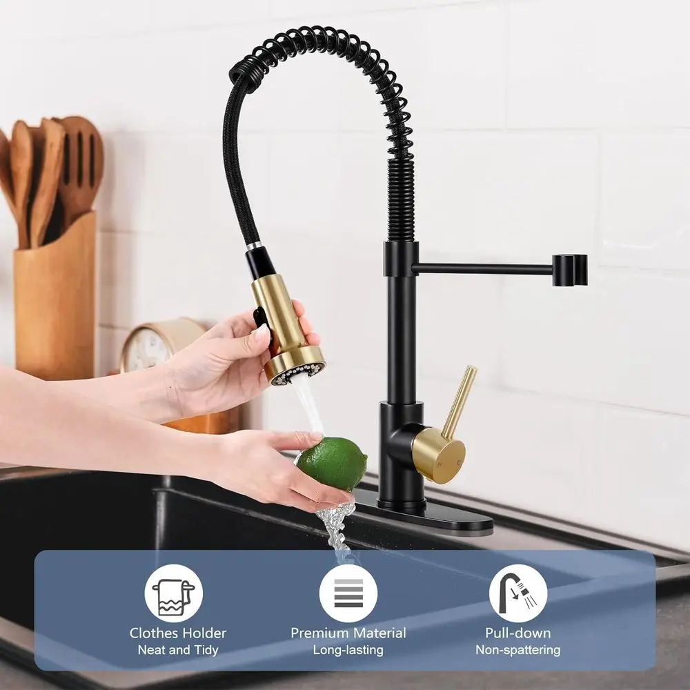 Grifo de cocina con rociador extraíble de alto arco, negro mate y oro cepillado, con resorte, 1 o 3 orificios, para granja, RV y fregadero de recipiente